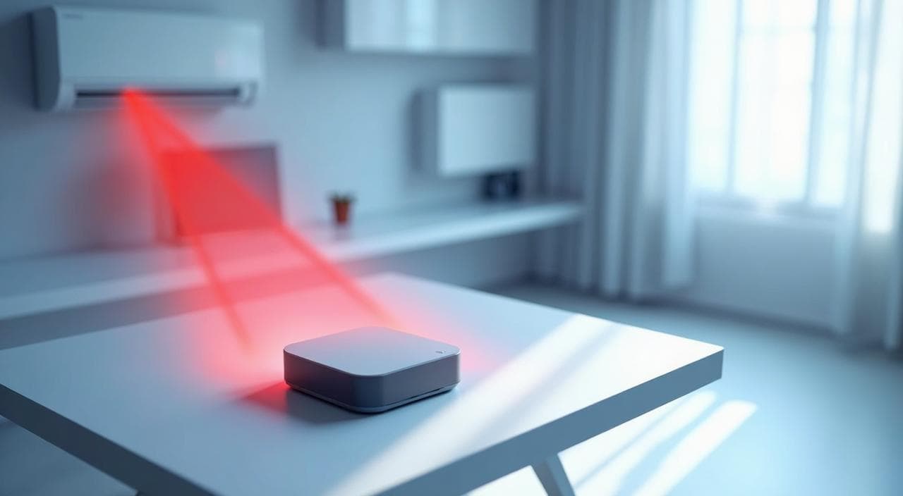 スマートリモコンの赤外線信号が壁に反射して部屋の隅にある家電に届くイメージ図